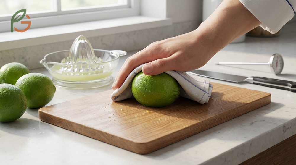 Maximizing juice extraction involves rolling room temperature limes firmly on a counter and using a reamer to increase yield by 20 percent.