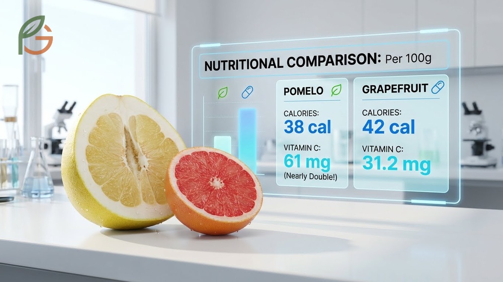 Nutritional comparison shows pomelos provide 61mg of vitamin C per serving which is nearly double the amount found in grapefruits.