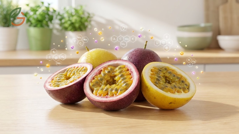 Passion fruit nutrition provides 30 milligrams of Vitamin C and just 97 calories per 100 grams for a healthy diet.