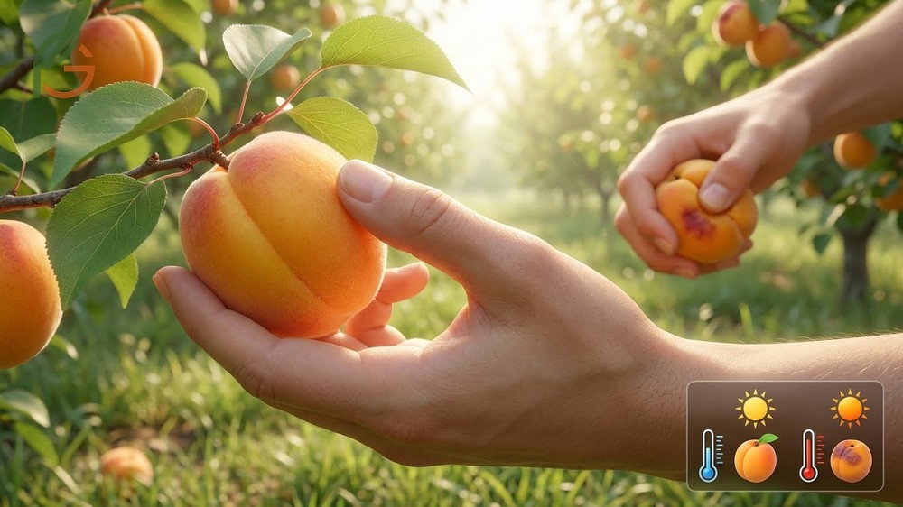 Picking apricots guide demonstrating the gentle twist and pull technique to prevent fruit damage during the harvest.