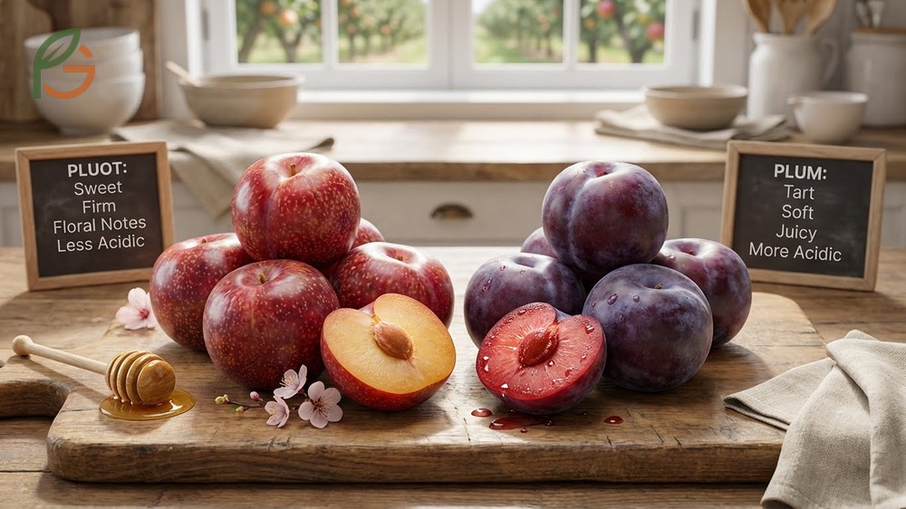 Pluot vs plum differences showing smoother skin and firmer texture suitable for slicing and transport.