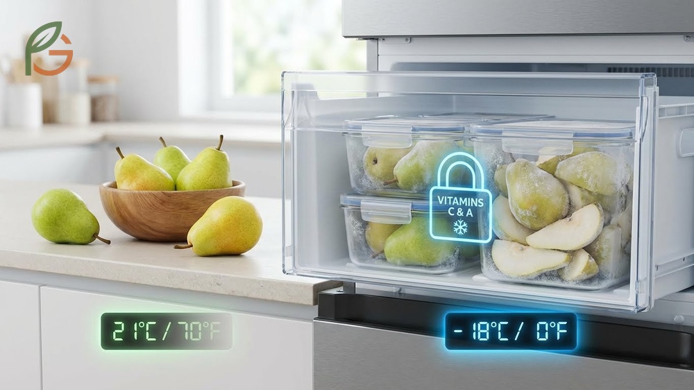 Preserve pears freezing benefits include retaining higher levels of vitamins C and A compared to room temperature storage.