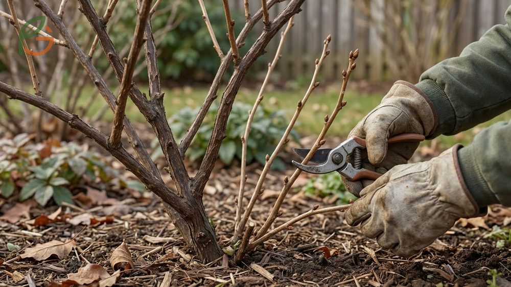 Red currant pruning methods focusing on shortening side shoots to 1 or 2 buds to encourage spur formation on framework branches.