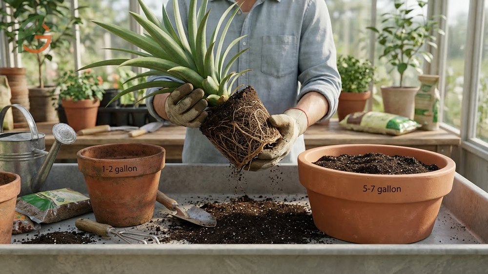 How to repot a pineapple plant into a slightly larger container using fresh soil for root health.