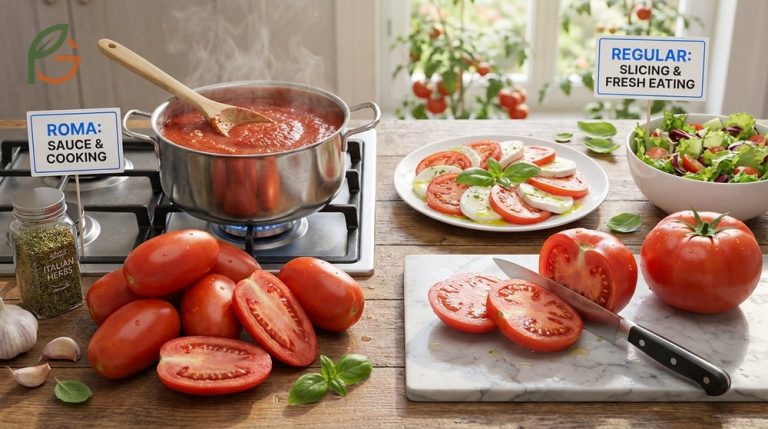Roma tomatoes vs regular tomatoes comparison highlights how Roma varieties have dense flesh for sauce while regular types are juicy for slicing.