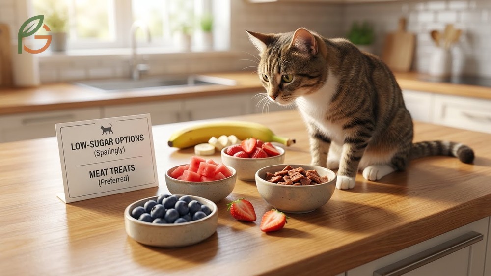 Safer fruit alternatives for cats include blueberries and strawberries which have lower sugar content than bananas.