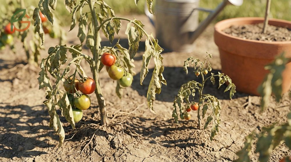 Signs of underwatering tomatoes include wilting leaves that feel dry and stunted growth with smaller fruits.
