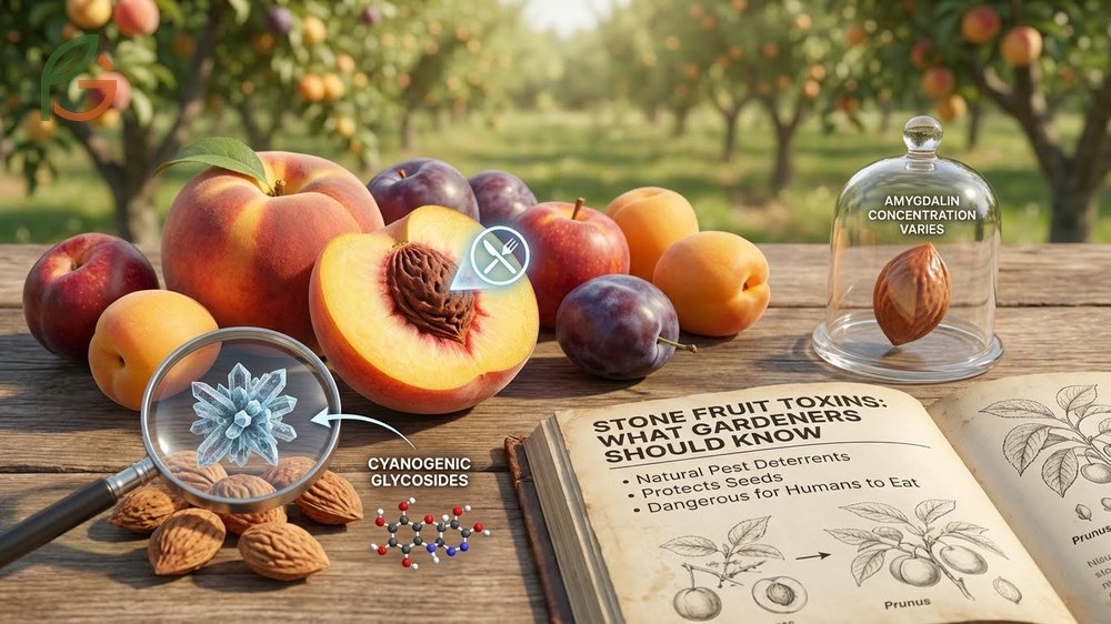 Stone fruit toxins in leaves and pits serve as natural pest deterrents but require care during pruning and harvest.