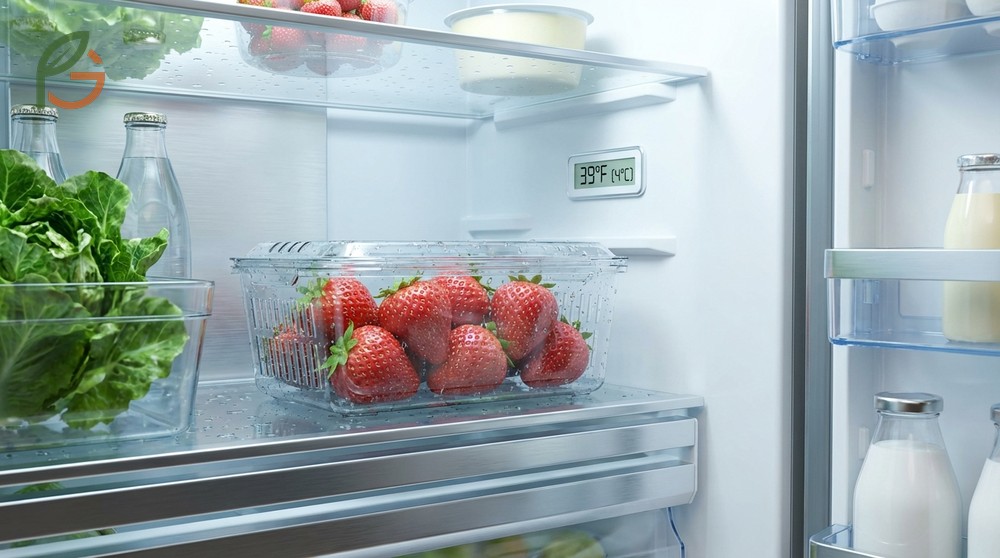 Strawberries arranged in a container with paper towels placed in the refrigerator crisper drawer for freshness.
