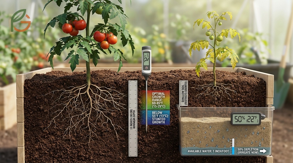 Garden bed preparation illustrating deep soil tillage ensuring twelve inches of root growth space for tomatoes.