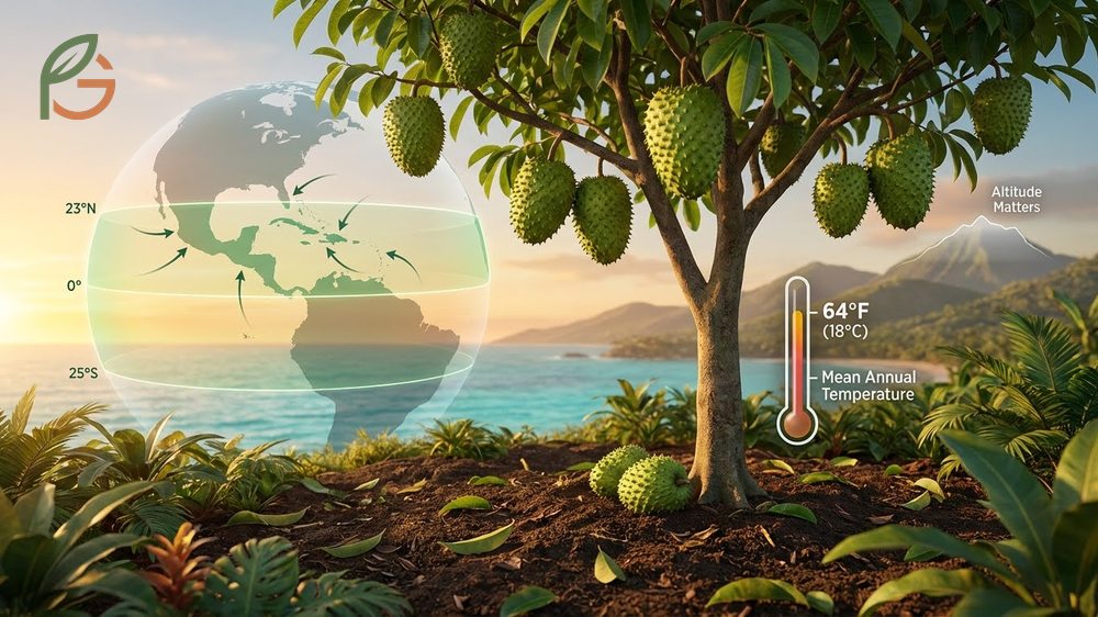 USDA zones for soursop showing natural distribution in zone 10b and 11 with mean annual temperatures above 64 degrees.