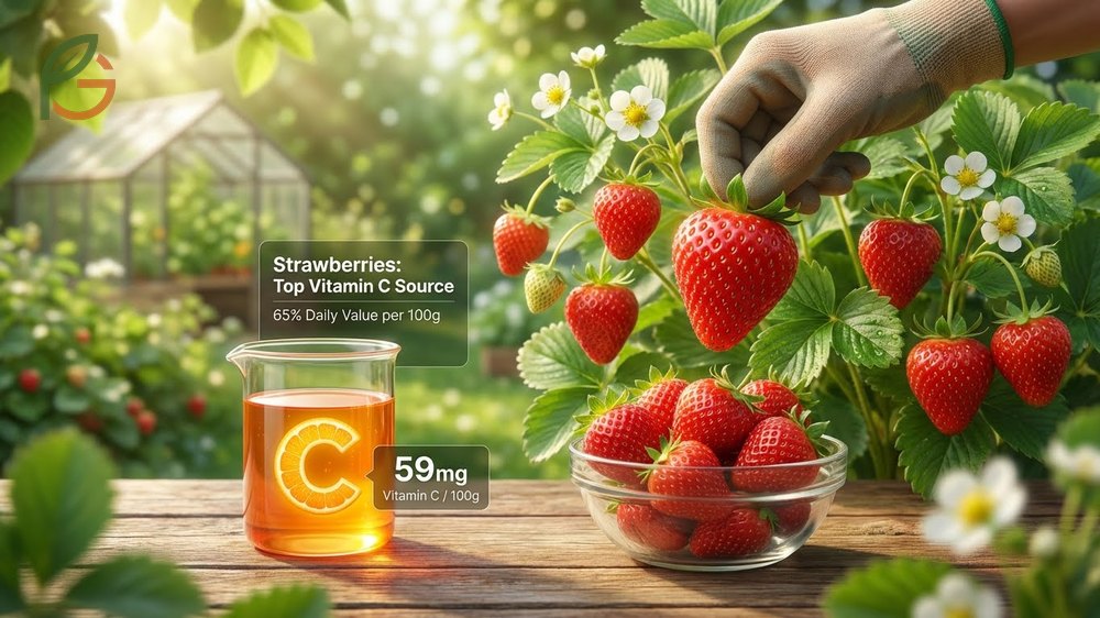 Vitamin C stability in strawberries chart showing 95% retention when stored at 32-36 degrees Fahrenheit.