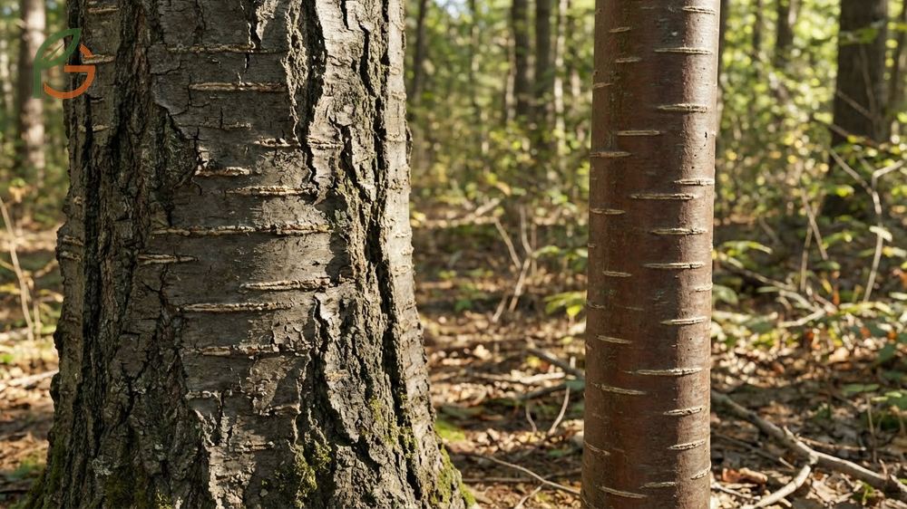 Wild black cherry tree bark displaying burnt potato chip texture and releasing almond scent.