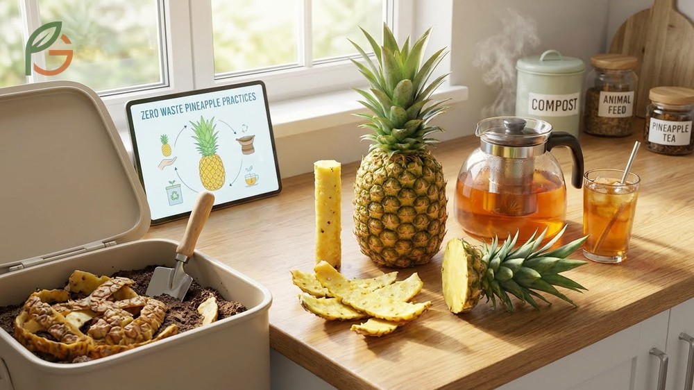 Sustainable use of pineapple leftovers by composting boiled peels and planting the crown.