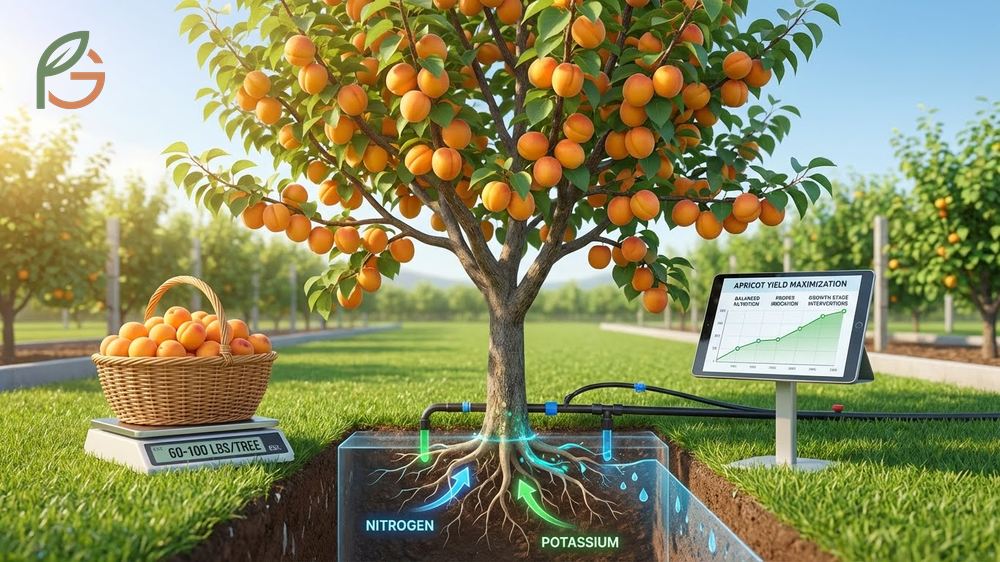 Apricot yield tips focusing on thinning fruit and balanced nutrition to maximize orchard production to 100 pounds per tree.