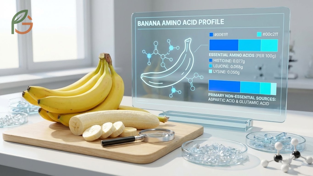 Banana amino acid profile showing histidine and leucine levels compared to daily nutritional requirements.