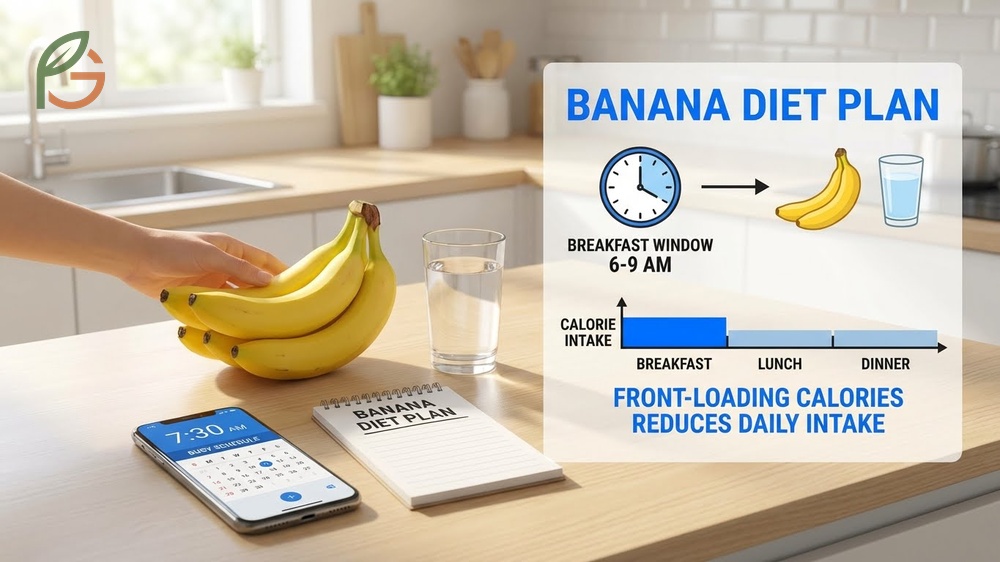 Banana diet plan structure detailing breakfast, lunch, and dinner timing for optimal metabolism.