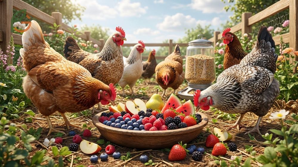 Chicken diet fruits include safe alternatives like strawberries and blueberries to provide varied nutrients.