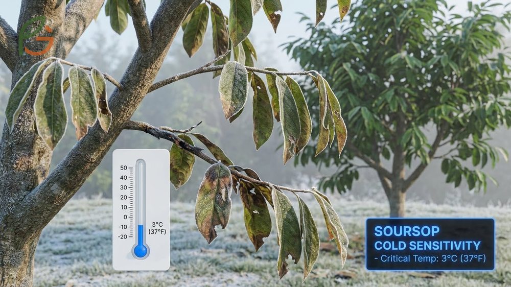 Cold tolerance of soursop trees illustrating leaf damage risks at 41 degrees and branch dieback at 37 degrees.