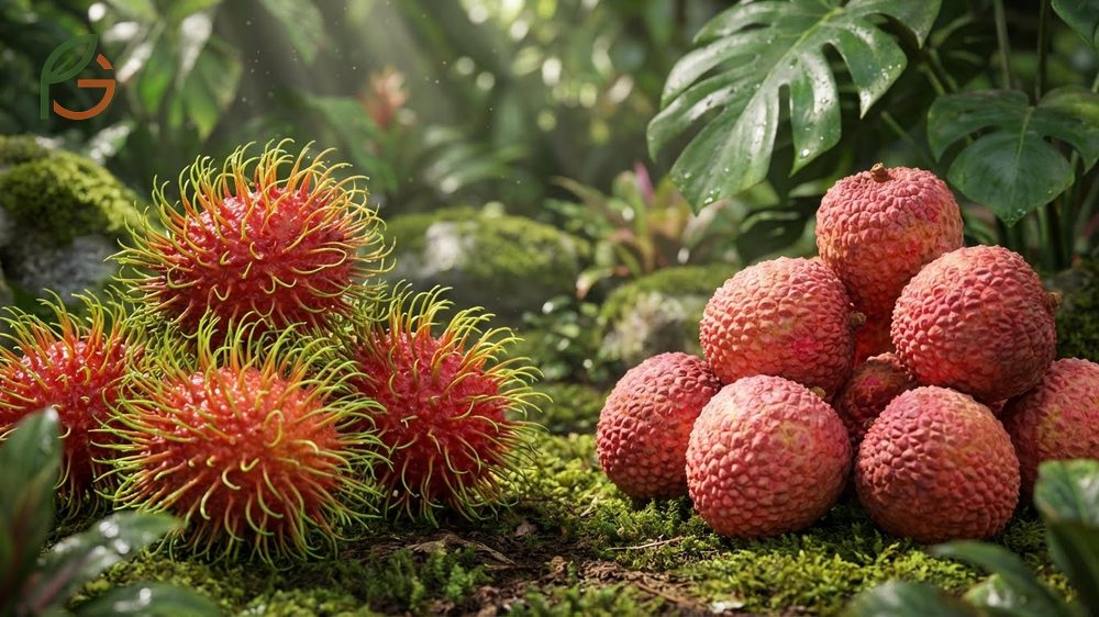 Difference between lychee and rambutan exterior features showing hairy spines versus rough bumpy skin.