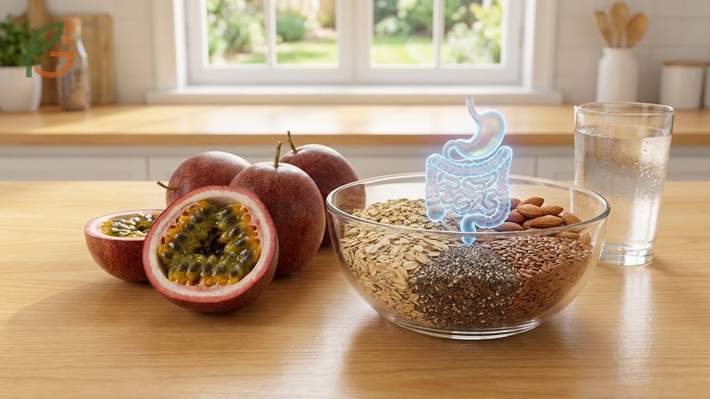 Digestive health benefits of passion fruit are supported by 10 grams of dietary fiber that improve gut function and regularity.