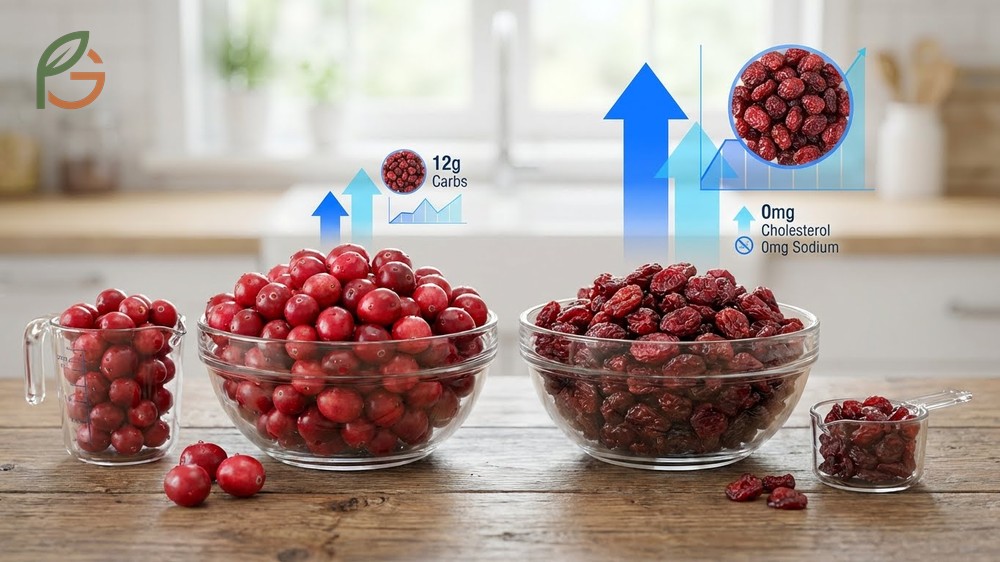 Dried cranberries nutrition benefits highlighting 3g dietary fiber per serving for digestive health support.