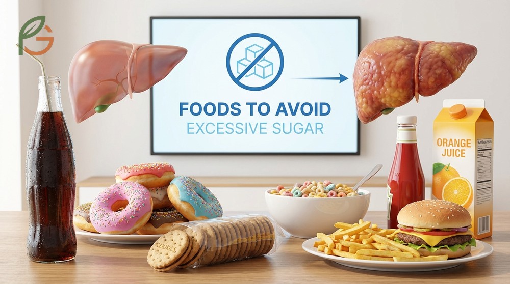 Foods to avoid for liver health including sugary beverages and processed meats that increase oxidative stress.