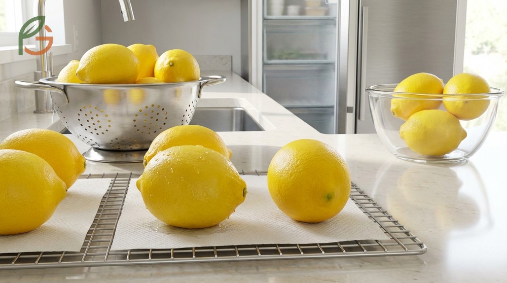 Freezing whole lemons preparation steps including washing and drying thoroughly before bagging.