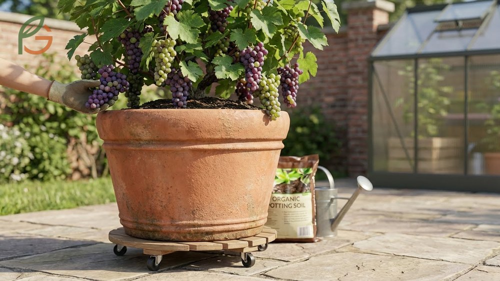 Growing grapes in pots requires containers of at least 15 to 20 gallons with proper drainage for healthy vines.