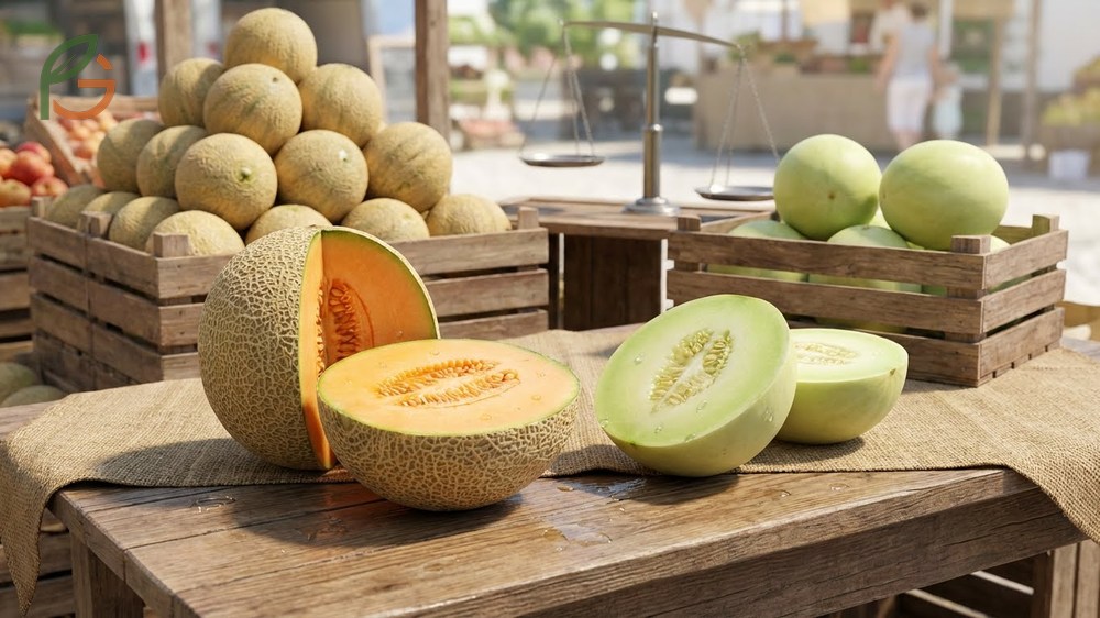 Honeydew melon vs cantaloupe visual differences showing smooth green rinds versus netted tan exteriors.