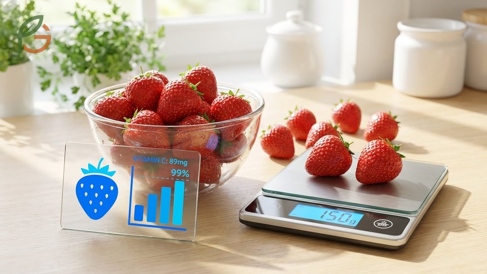 How much vitamin c is in strawberries infographic displaying 89mg per 150g serving for adult health.