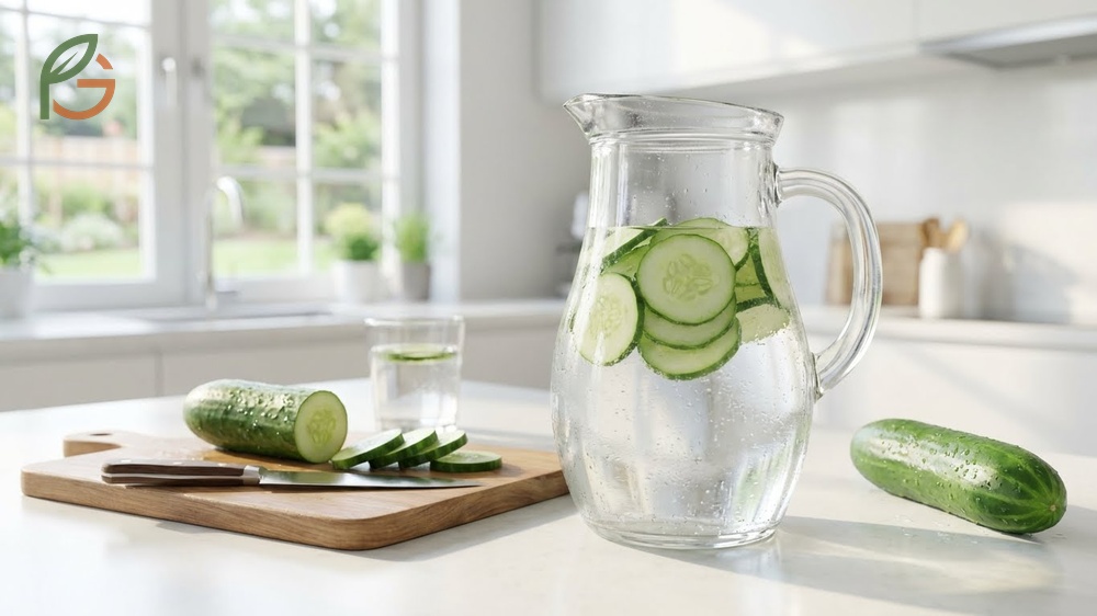 How to make cucumber water by slicing organic cucumbers into filtered water for a 2 hour infusion.