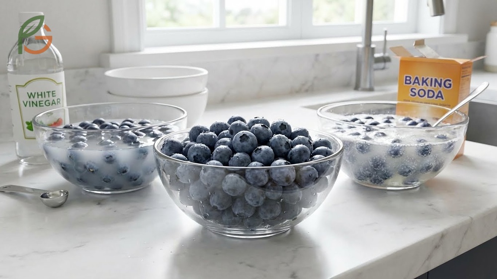 How to wash blueberries effectively using a bowl and colander to remove waxy coating contaminants that plain water cannot eliminate.