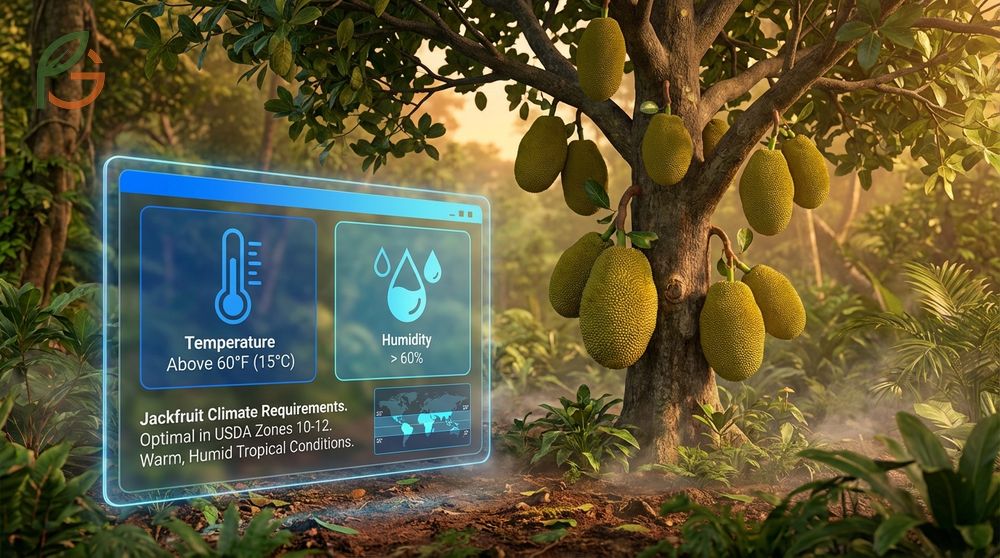 Jackfruit climate requirements depicted by lush trees thriving in USDA zones 10-12 with no frost damage.