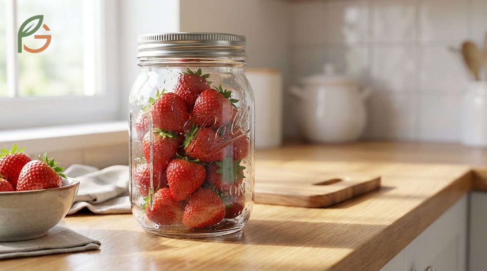 Strawberries layered with paper towels inside a sealed mason jar to prevent moisture buildup and extend shelf life.