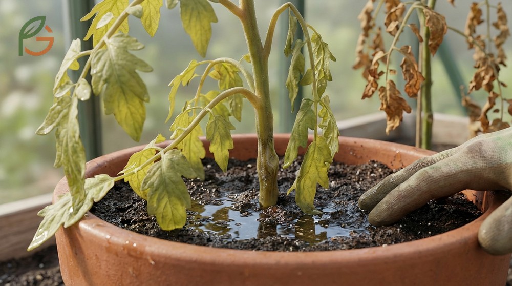 Over watered tomato plant signs mimic underwatering but leaves feel soft and mushy instead of dry and crispy.