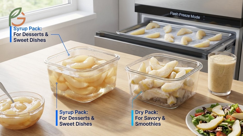 Pear freezing method uses include dry pack for smoothies and syrup pack for desserts and compotes.