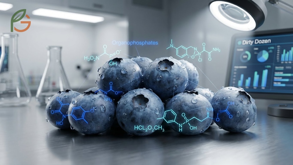 Organic blueberries being washed to minimize exposure to pesticide residues often found in conventional produce.