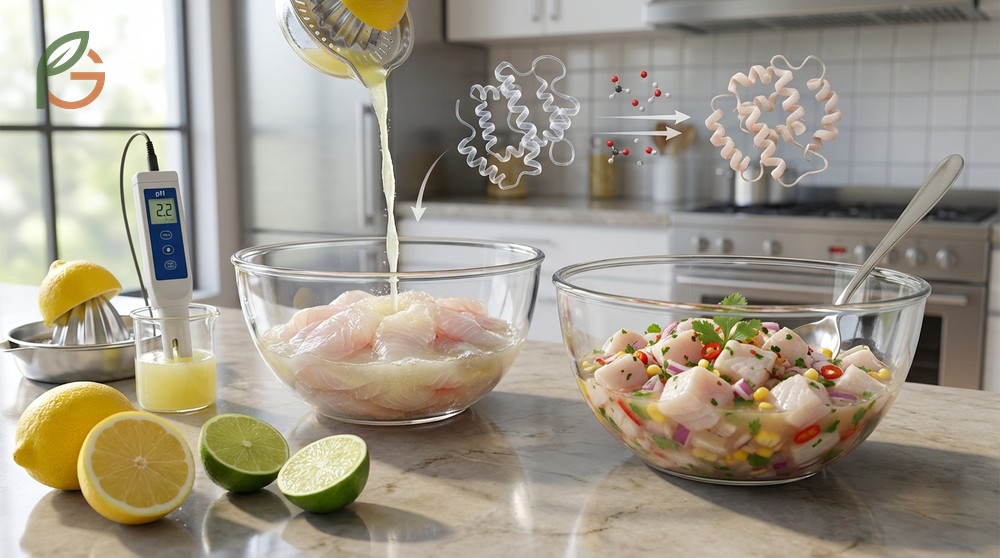 pH effects in cooking with lemon juice include denaturing proteins for ceviche and preventing fruit browning.