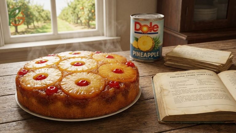 Archival style image showing the 1925 recipe contest entries that made pineapple upside down cake famous.