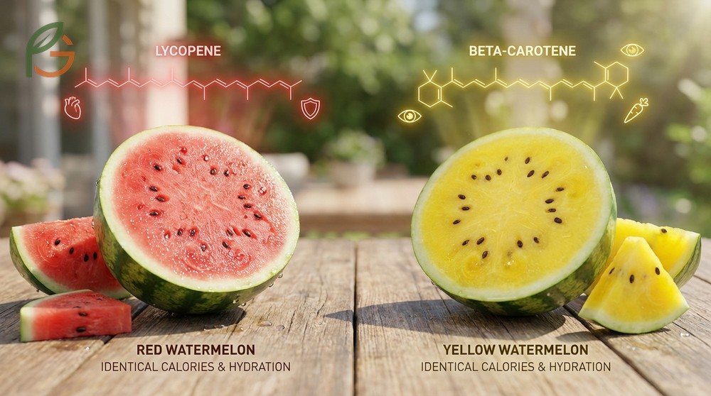 Red vs yellow watermelon differences showing yellow varieties have more beta carotene while red ones are rich in lycopene.