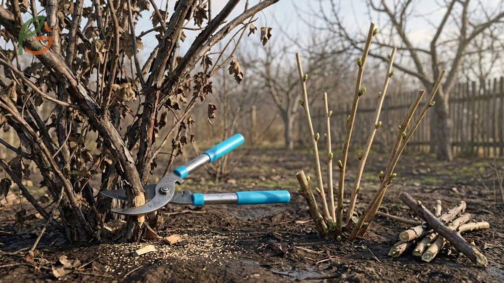 Rejuvenation pruning for currant bushes involves removing old stems thicker than 1.5 inches to restore productivity within 2 to 3 seasons.