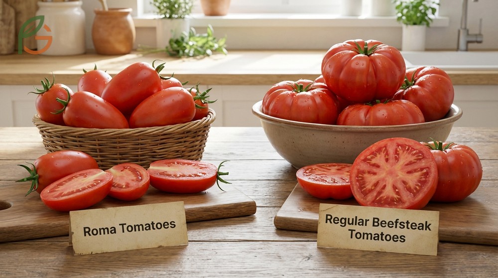 Roma tomatoes vs regular tomatoes differ as Roma fruits weigh 60-100 grams with 30-40 percent less water than large beefsteak varieties.