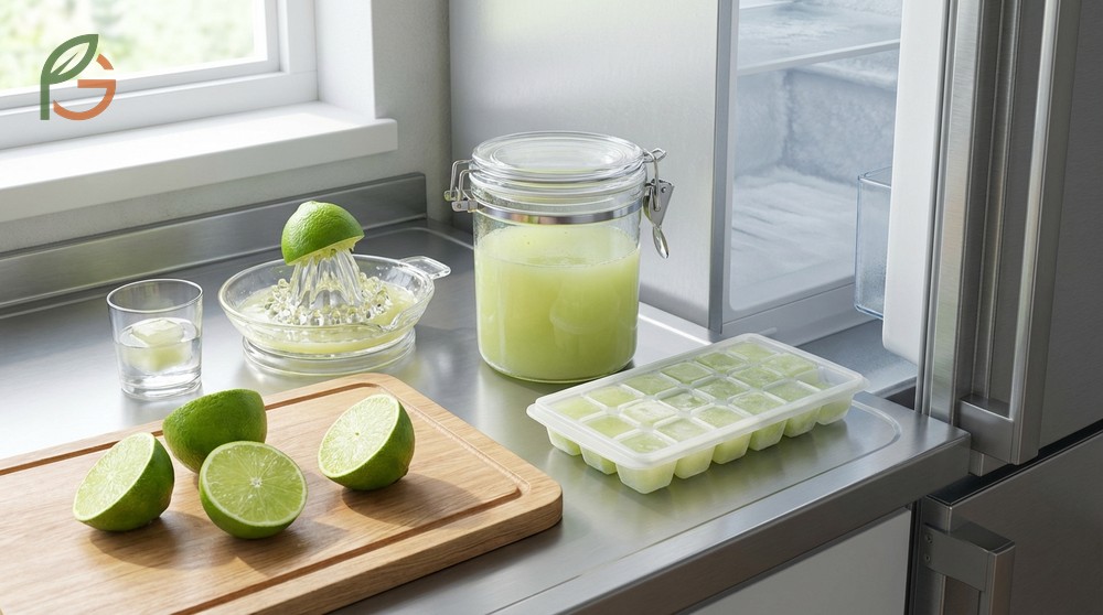 Storing fresh lime juice in ice cube trays extends shelf life to 4 months while preserving the vitamin C and aromatic flavor compounds.