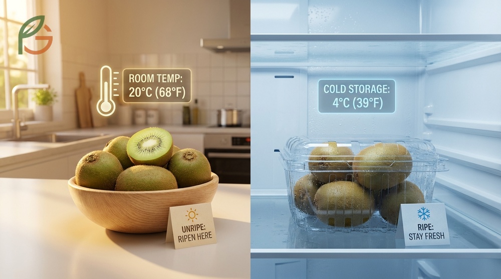 Storing unripe vs ripe kiwi requires keeping hard fruit on the counter for 5-7 days before moving soft ones to the fridge.