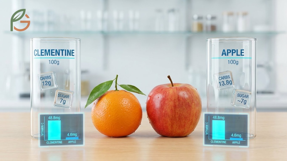Sugar in clementines vs apples comparison noting 7 grams of natural sugar and 48mg of vitamin C per 100g.