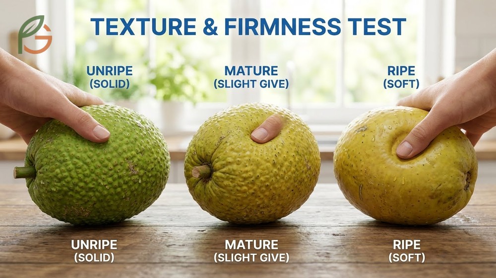 Texture and firmness test to determine if breadfruit is ready for cooking or eating raw.