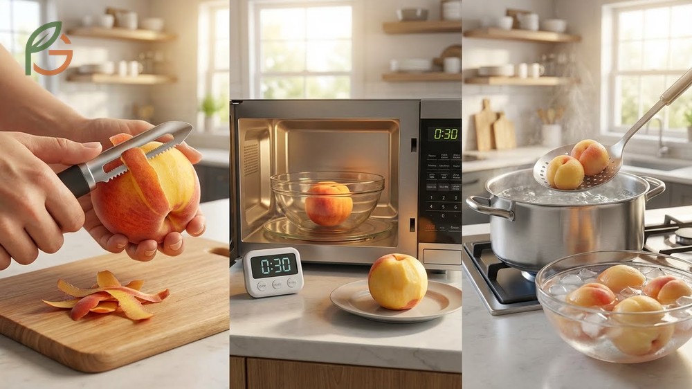 How to peel peaches using three primary methods including serrated peelers and microwave heating for quick prep.