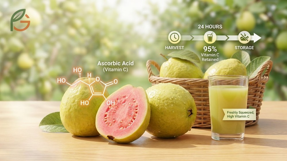 Vitamin C guava levels are highest in fully ripe fruit and rapidly degrade after harvest so fresh consumption is optimal.