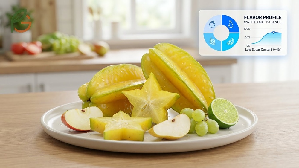 What does starfruit taste like involves a complex blend of apple, pear, and grape flavors with a crisp juicy texture.